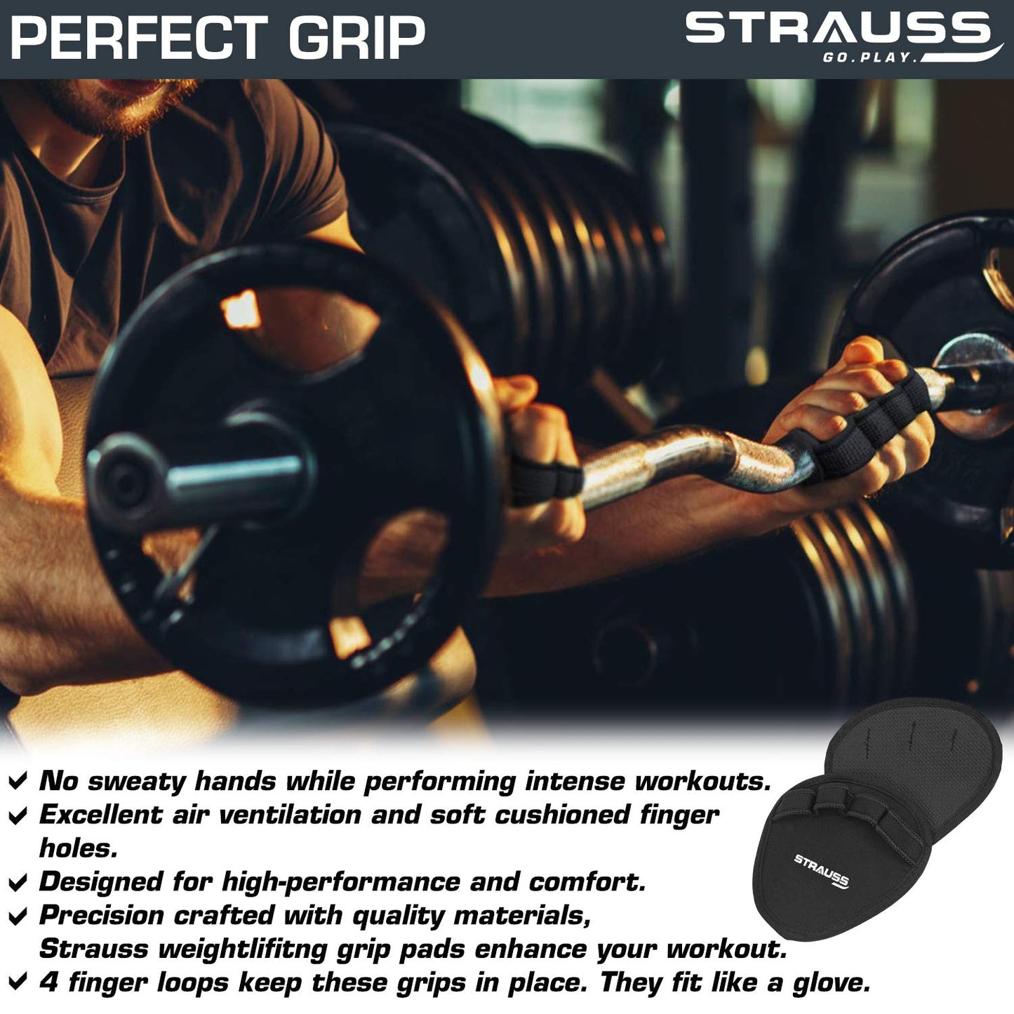 Strauss Weight Lifting Grip Pads  Hand Grips for Pull Ups  Grip Power Pads Lifting Pads for Weightlifting Deadlifting  Powerlifting  Ideal for Gym Workouts for Men  Women  Set of 2 Black