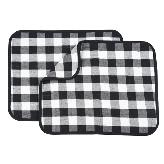 Dish Drying Mat for Kitchen Utensils Reversible Absorbant Cotton Checks drying Mats Washable Counter top Cushion Pad Tableware 46x61 Cms Black by Lushomes 18x24 Inches Set of 2