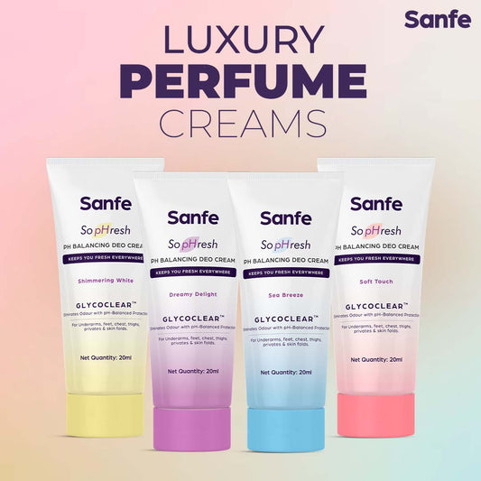 Sanfe SopHresh PH Balancing Perfume Creams  Luxury Fragrances - Sea Breeze Soft Touch Dreamy Delight Shimmering White  Eliminates Body Odor  Long Lasting  20ml X 4