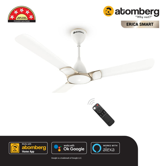 Atomberg Erica Smart IOT Enabled 1200 mm BLDC Motor with Remote 3 Blade Ceiling FanSnow white