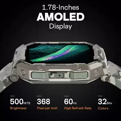 Fire-Boltt Cobra 1.78 AMOLED Army Grade Build Bluetooth Calling with 123 Sports Modes. Smartwatch  Camo Green Strap Free Size