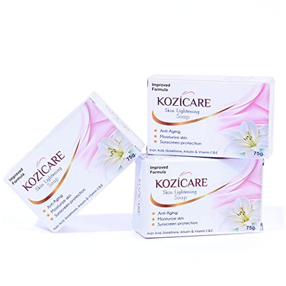 Kozicare Skin Lightening Soap Pack of 3: Kojic Acid, Vitamin C, Anti-Aging, Sun Protection, Moisturizing, Removes Dark Spots, Hyperpigmentation.