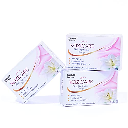 Kozicare Skin Lightening Soap Pack of 3: Kojic Acid, Vitamin C, Anti-Aging, Sun Protection, Moisturizing, Removes Dark Spots, Hyperpigmentation.