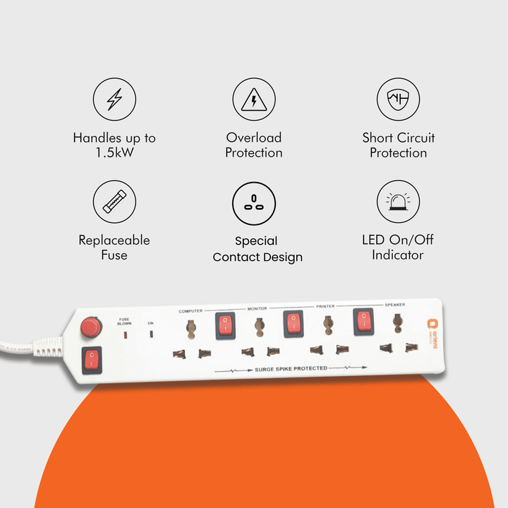 4x4 Socket Extension Board with 2 Metre Wire White