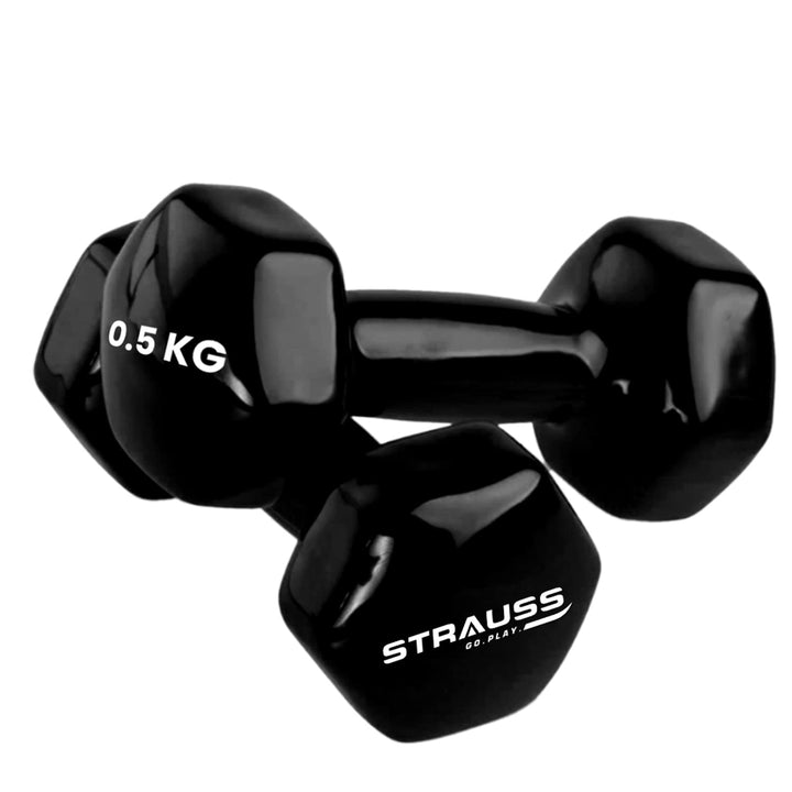 Strauss Premium Vinyl Dumbbells 1 Kg Each, 2 Kg Pair, Ideal for Home Workout, Yoga, Pilates, Gym, Non-Slip, Scratch Resistant, Black