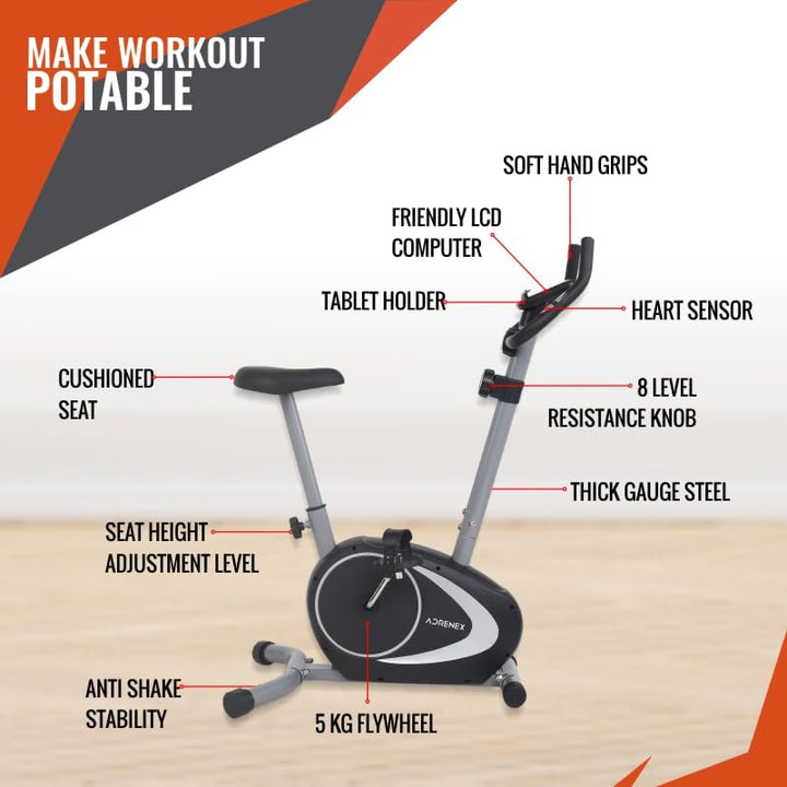 REACH Magnito 100 Bike Magnetic Exercise Cycle Manual For Home Gym Best Upright Bike Upright Stationary Exercise Bike Black Grey