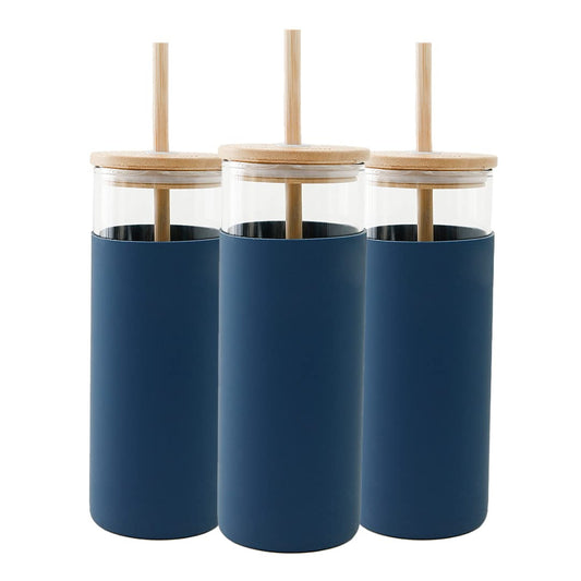 Better Home Borosilicate Glass Tumbler 450ml Pack of 3 with Bamboo Straw, Lid, Leak & Sweat Proof, Durable Travel Coffee Mug, Blue