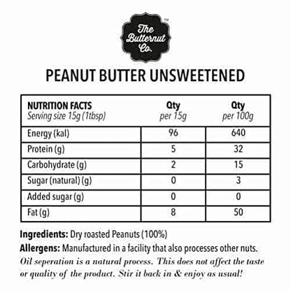 The Butternut Co. Natural Peanut Butter Crunchy 1kg, Creamy 340g, Unsweetened, 32g Protein, No Added Sugar, 100% Peanuts, No Salt, High Protein.