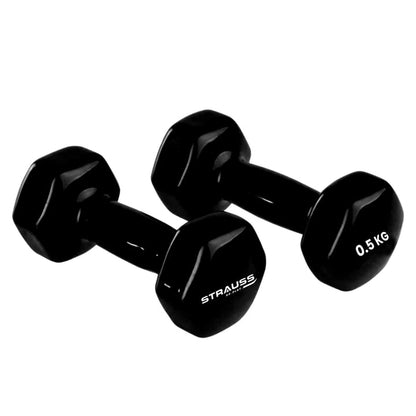 Strauss Premium Vinyl Dumbbells 1 Kg Each, 2 Kg Pair, Ideal for Home Workout, Yoga, Pilates, Gym, Non-Slip, Scratch Resistant, Black