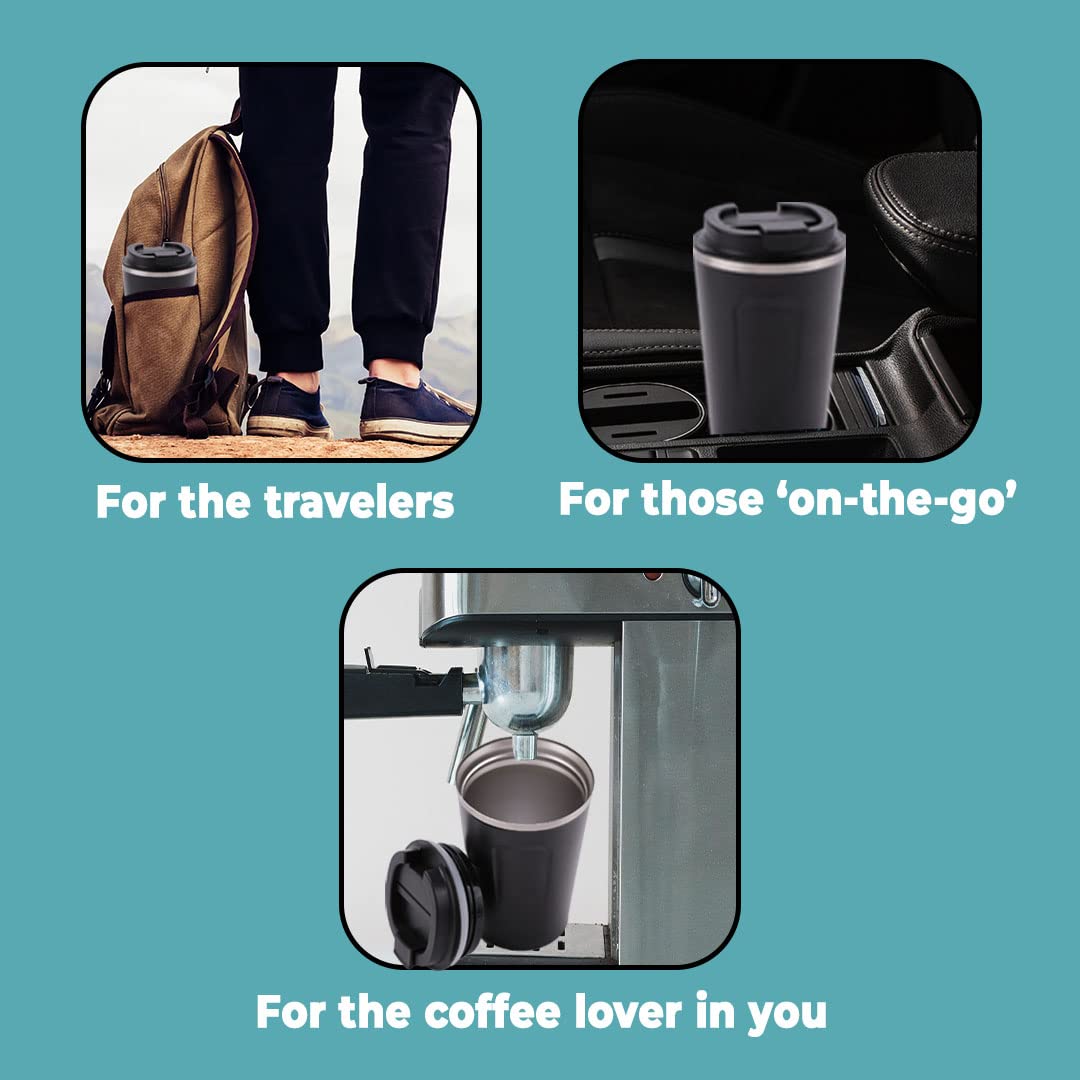 The Better Home 380ml Insulated Coffee Cup, Double Walled Stainless Steel, Leakproof, Spillproof, 6 hrs hot/cold, BPA Free, Travel/Home/Office, Black.