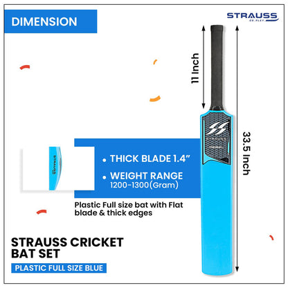 STRAUSS Cricket Set: Full-Size, Durable Plastic Bat, Ball, Wickets. Lightweight, Easy-to-Handle. Perfect for Kids & Adults. Blue.