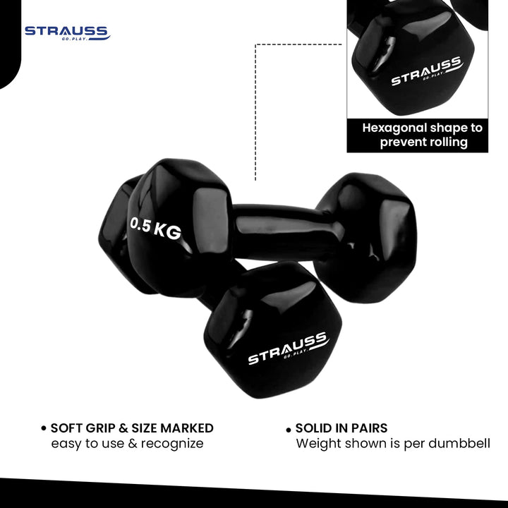 Strauss Premium Vinyl Dumbbells 1 Kg Each, 2 Kg Pair, Ideal for Home Workout, Yoga, Pilates, Gym, Non-Slip, Scratch Resistant, Black