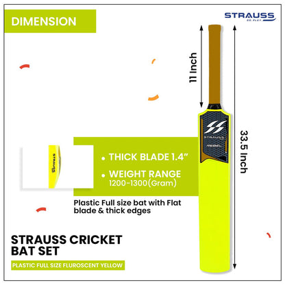 Strauss Cricket Combo Kit: Full Size Bat, Ball, 3 Stumps, 2 Bails, Base. Fluorescent Yellow. For All Ages. Tennis/Synthetic Ball.