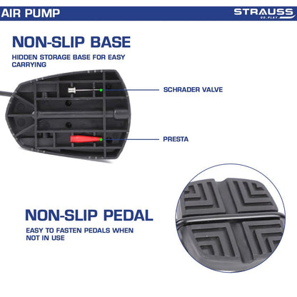 Strauss Portable High Pressure Foot Air Pump for Car/Bike/Bicycle/Football/Scooter, Fits Presta & Schrader, with Needle & Pressure Gauge, Red