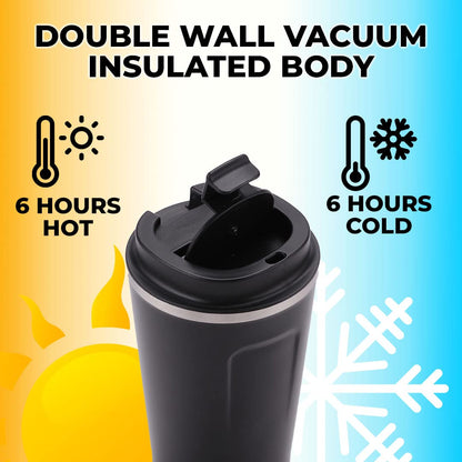The Better Home 380ml Insulated Coffee Cup, Double Walled Stainless Steel, Leakproof, Spillproof, 6 hrs hot/cold, BPA Free, Travel/Home/Office, Black.