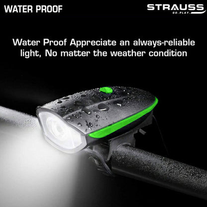 Strauss Bicycle LED Headlight with Horn, Rechargeable, Adjustable, 2-in-1, Green