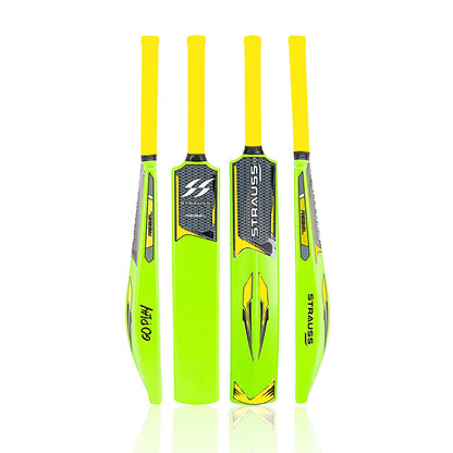 Strauss Cricket Combo Kit: Full Size Bat, Ball, 3 Stumps, 2 Bails, Base. Fluorescent Yellow. For All Ages. Tennis/Synthetic Ball.