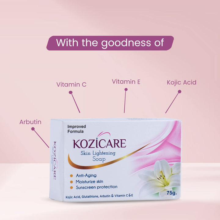 Kozicare Skin Lightening Soap Pack of 3: Kojic Acid, Vitamin C, Anti-Aging, Sun Protection, Moisturizing, Removes Dark Spots, Hyperpigmentation.