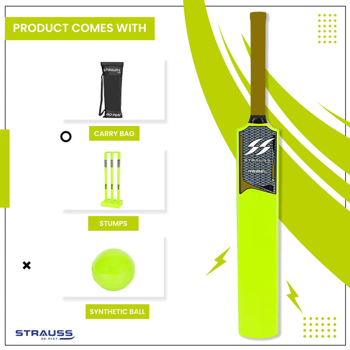 Strauss Cricket Combo Kit: Full Size Bat, Ball, 3 Stumps, 2 Bails, Base. Fluorescent Yellow. For All Ages. Tennis/Synthetic Ball.