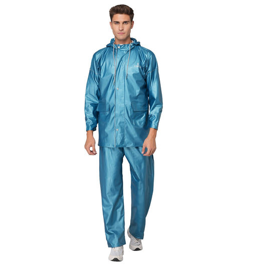 THE CLOWNFISH Oceanic Pro Series Mens Waterproof PVC Raincoat with Hood, Reflector Logo, Top and Bottom, Turquiose Blue XXL