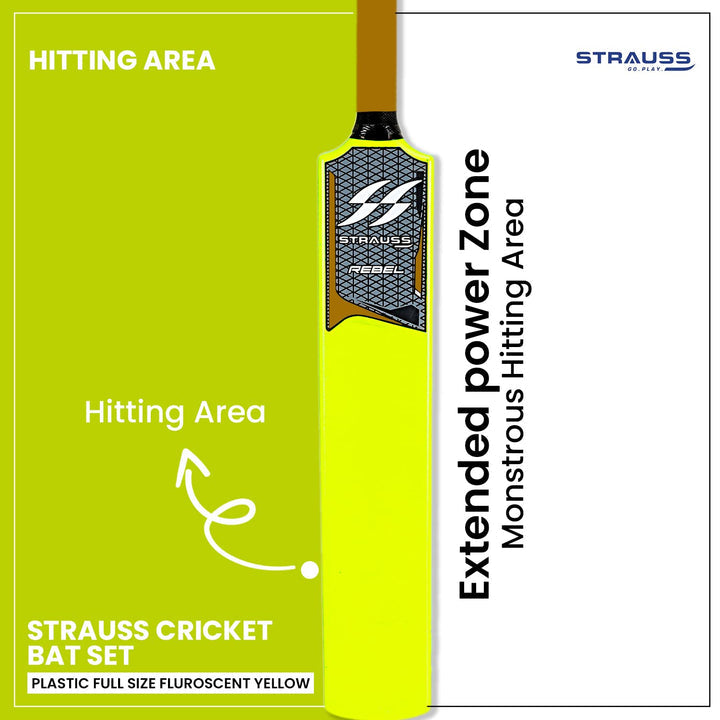 Strauss Cricket Combo Kit: Full Size Bat, Ball, 3 Stumps, 2 Bails, Base. Fluorescent Yellow. For All Ages. Tennis/Synthetic Ball.