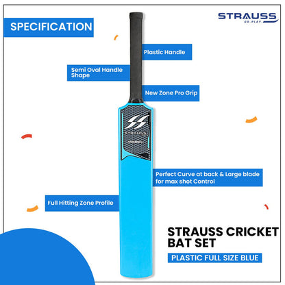 STRAUSS Cricket Set: Full-Size, Durable Plastic Bat, Ball, Wickets. Lightweight, Easy-to-Handle. Perfect for Kids & Adults. Blue.