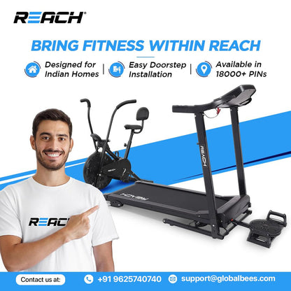 Reach T-901 Treadmill: 7 HP Motor, Auto Incline, LCD Display, 24 Preset Programs, 24 km/h, Max User Weight 130 kg.