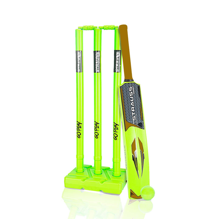 Strauss Cricket Combo Kit: Full Size Bat, Ball, 3 Stumps, 2 Bails, Base. Fluorescent Yellow. For All Ages. Tennis/Synthetic Ball.