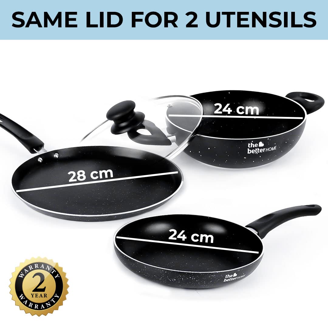 The Better Home Non Stick Induction Cookware: Frying Pan 24cm, Dosa Tawa 28cm, Kadai 24cm, 3 Layer Nonstick Coating.