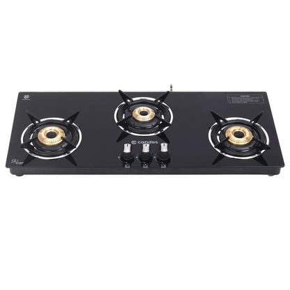 Candes Gas Hob 3 Burners, Manual Ignition, Premium Gas Saver, 6mm Toughened Glass, LPG Compatible, ISI Certified, 1 Yr Warranty.