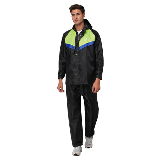 THE CLOWNFISH Sky Pro Series Mens Waterproof Polyester Double Coating Raincoat with Hood and Reflector Logo at Back. Set of Top and Bottom Black XXXL