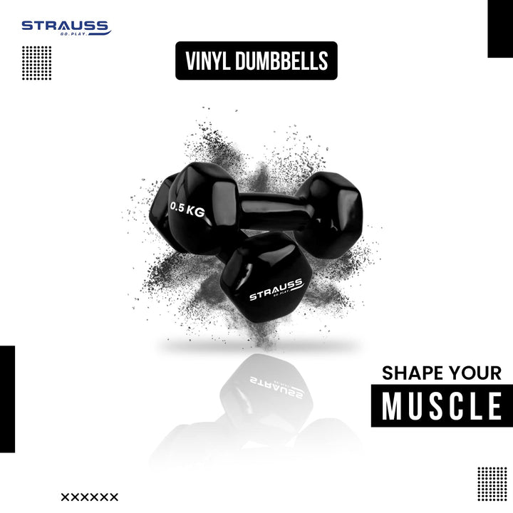 Strauss Premium Vinyl Dumbbells 1 Kg Each, 2 Kg Pair, Ideal for Home Workout, Yoga, Pilates, Gym, Non-Slip, Scratch Resistant, Black