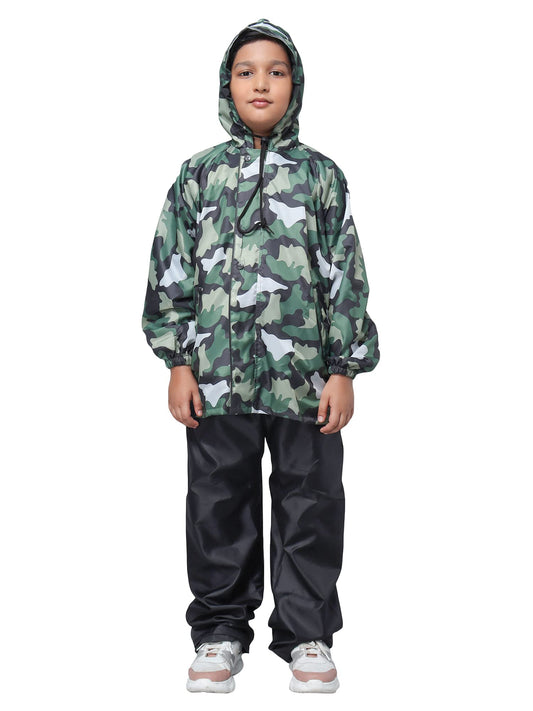 Clownfish Kids Waterproof Reversible Raincoat with Hood, Reflector Logo, Pouch, Green Camo, 11-13 Years.