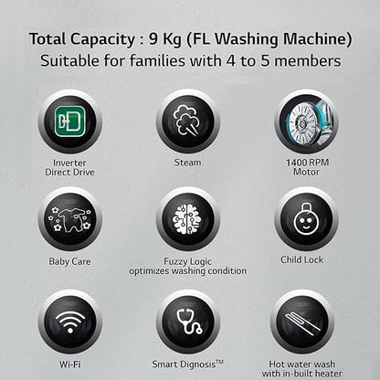 LG 9Kg 5-Star Wi-Fi Inverter AI Front Load Washing Machine, Steam, In-Built Heater, 6 Motion DD, Black