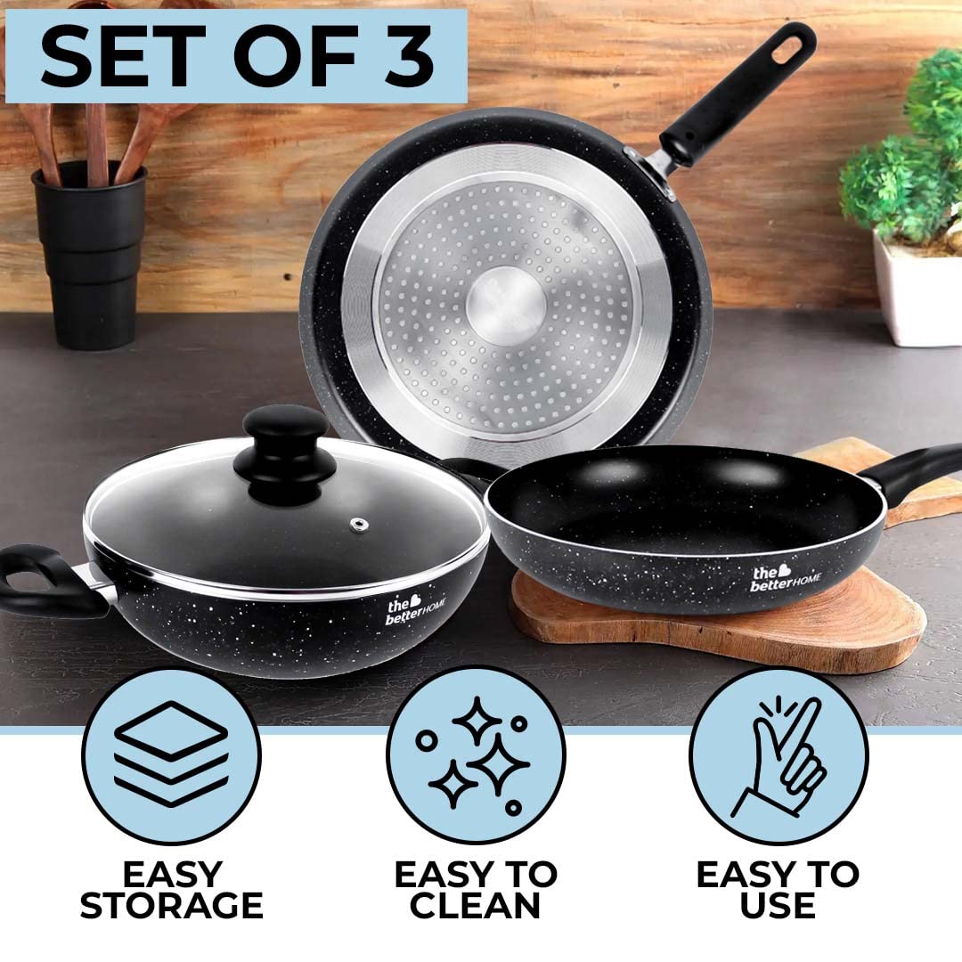 The Better Home Non Stick Induction Cookware: Frying Pan 24cm, Dosa Tawa 28cm, Kadai 24cm, 3 Layer Nonstick Coating.