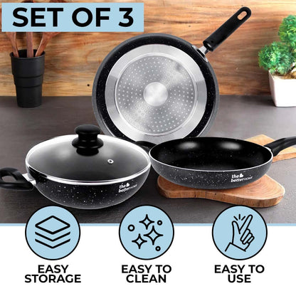 The Better Home Non Stick Induction Cookware: Frying Pan 24cm, Dosa Tawa 28cm, Kadai 24cm, 3 Layer Nonstick Coating.