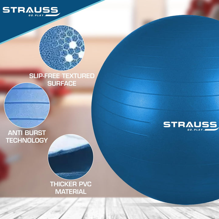 STRAUSS 75cm Anti-Burst Gym Ball with Free Foot Pump for Exercise, Yoga, Pregnancy, Balance, Stability - Blue