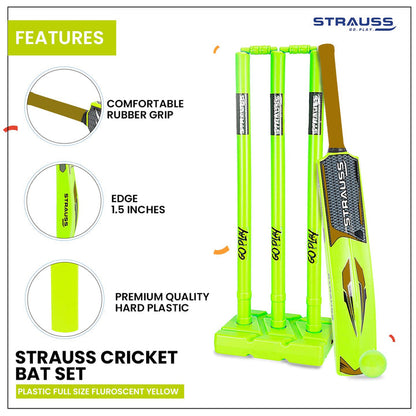 Strauss Cricket Combo Kit: Full Size Bat, Ball, 3 Stumps, 2 Bails, Base. Fluorescent Yellow. For All Ages. Tennis/Synthetic Ball.