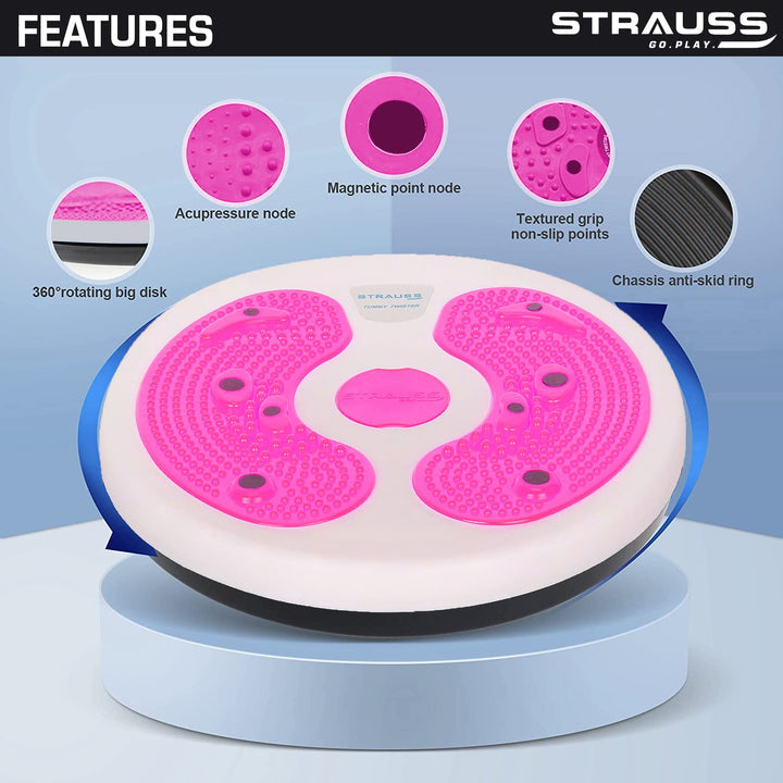 Strauss Tummy Twister Abs Roller, Body Toner, Fat Burner, Slimming Machine, Non-Slip, Ideal for Home, Men & Women, White/Pink