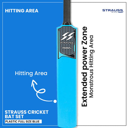 STRAUSS Cricket Set: Full-Size, Durable Plastic Bat, Ball, Wickets. Lightweight, Easy-to-Handle. Perfect for Kids & Adults. Blue.