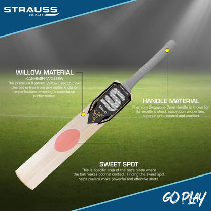 STRAUSS Grand Kashmir Willow Cricket Bat  Size Short HandleSH  Suitable for Leather Ball  Grey  Ideal for BoysGirlsYouthAdults 1050-1200 Grams