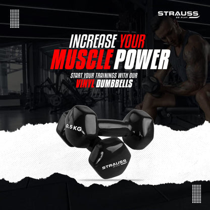 Strauss Premium Vinyl Dumbbells 1 Kg Each, 2 Kg Pair, Ideal for Home Workout, Yoga, Pilates, Gym, Non-Slip, Scratch Resistant, Black