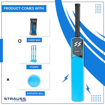 STRAUSS Cricket Set: Full-Size, Durable Plastic Bat, Ball, Wickets. Lightweight, Easy-to-Handle. Perfect for Kids & Adults. Blue.