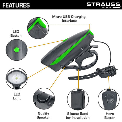 Strauss Bicycle LED Headlight with Horn, Rechargeable, Adjustable, 2-in-1, Green