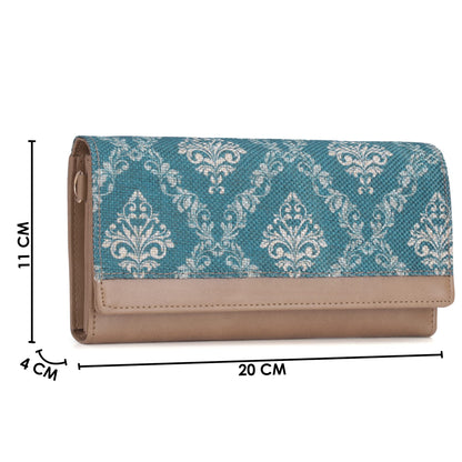 THE CLOWNFISH Erika Printed Handicraft Fabric  Vegan Leather Ladies Wallet Purse Sling Bag with Multiple Card Slots  Shoulder Belt Blue