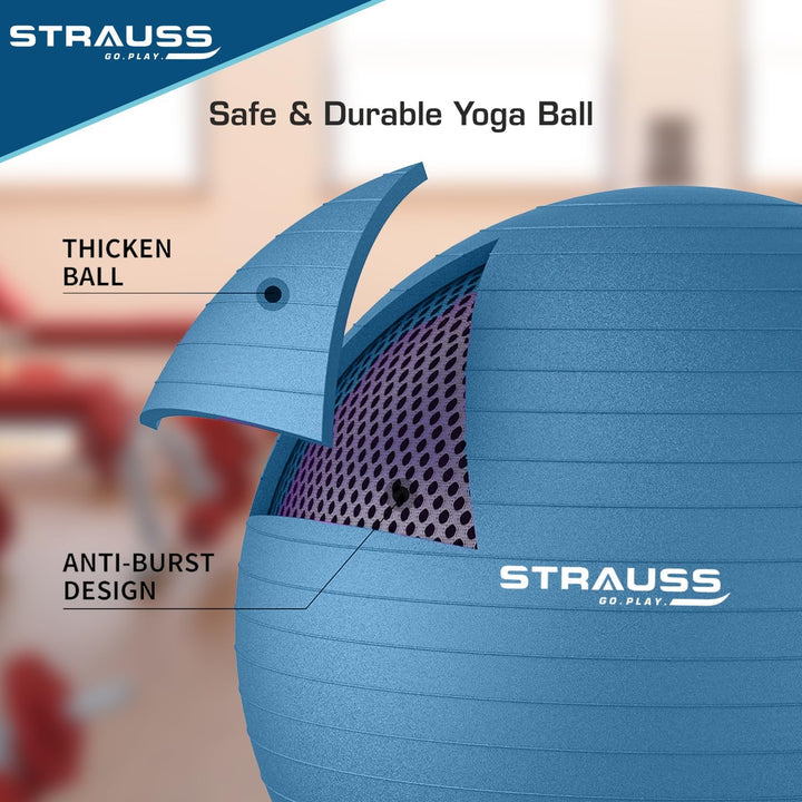 STRAUSS 75cm Anti-Burst Gym Ball with Free Foot Pump for Exercise, Yoga, Pregnancy, Balance, Stability - Blue