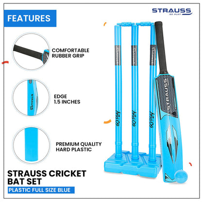 STRAUSS Cricket Set: Full-Size, Durable Plastic Bat, Ball, Wickets. Lightweight, Easy-to-Handle. Perfect for Kids & Adults. Blue.