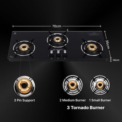 Candes Gas Hob 3 Burners, Manual Ignition, Premium Gas Saver, 6mm Toughened Glass, LPG Compatible, ISI Certified, 1 Yr Warranty.