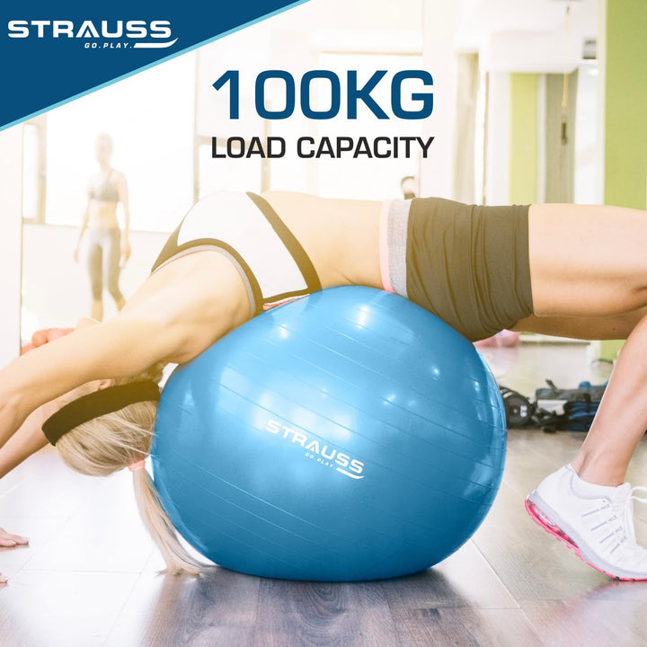 STRAUSS 75cm Anti-Burst Gym Ball with Free Foot Pump for Exercise, Yoga, Pregnancy, Balance, Stability - Blue