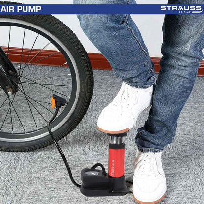 Strauss Portable High Pressure Foot Air Pump for Car/Bike/Bicycle/Football/Scooter, Fits Presta & Schrader, with Needle & Pressure Gauge, Red